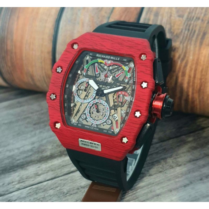 Jam Tangan Mewah R-Mille RM50-03/01 Case Red Chronograph Rubber Strap Model Carbon