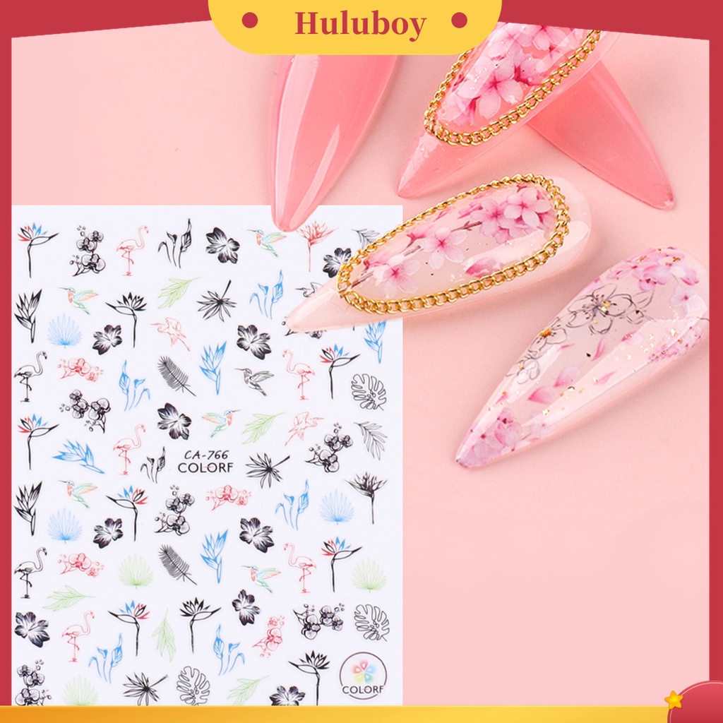 Huluboy Huluboy♡ Stiker Kuku Motif Bunga Daun Burung Butterfly Warna-Warni Untuk Dekorasi Manicure