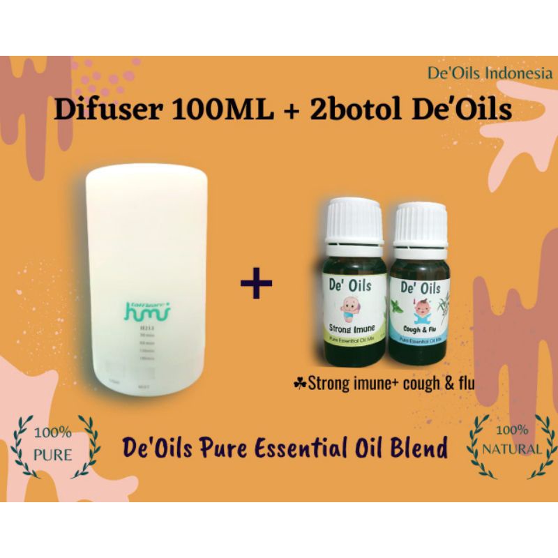 Difuser Humidifier 100ml + De'Oils Essential Oil Murni for baby Pure Essential Oil Imune Booster