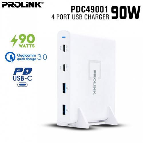 PROLINK PDC49001 4-Port USB Charger IntelliSense 90W PD Type C &amp; QC 3.