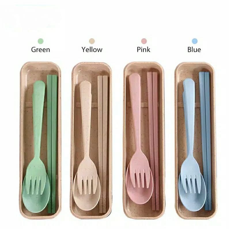 [HBM] Sendok Set Jerami Alat Makan Souvenir Korean Sumpit Travel Kotak 3 Set Peralatan Makan Gandum Go Green