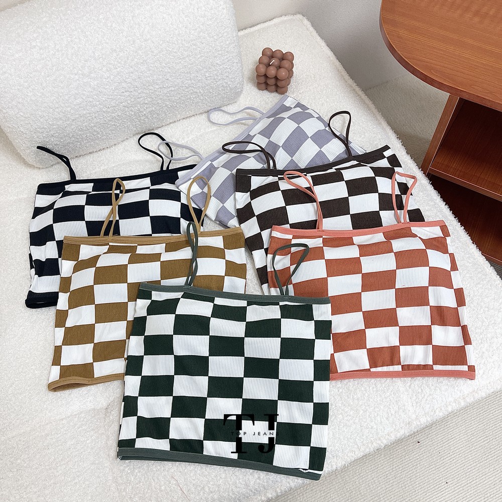Tanktop Wanita Motif Catur Kotak-Kotak Tanpa Lengan / Crop Top Tengtop Atasan Wanita Bahan Rajut Tan