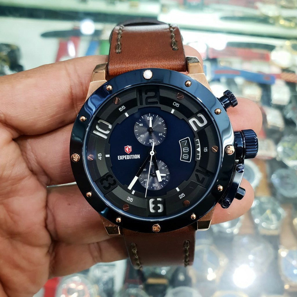 jam tangan original Expedition E 6381 pria tali kulit coklat rose biru