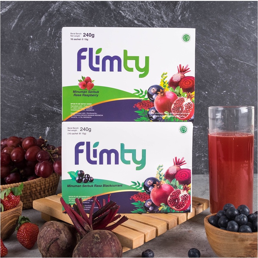 Flimty Fiber Herbal | Detox | Antidioksidan - Obat Pelangsing Rasa Blackcurrant - Raspberry - 1 Box isi 16 sachet