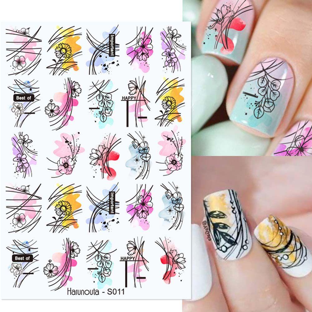 AUGUSTINA Agustina Tanaman Warna Stiker Kuku Fashion Kartun Garis Daun 3D Decals Surat Avatar DIY Nail Art Alat