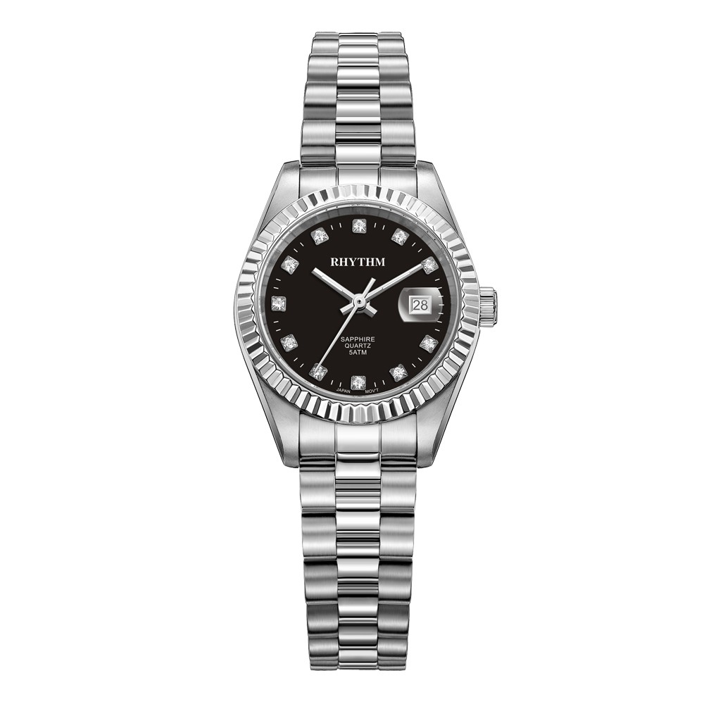 JAM TANGAN WANITA RHYTHM RQ1610 S02 RQ1610S02 ANALOG SILVER BLACK STAINLESS STRAP