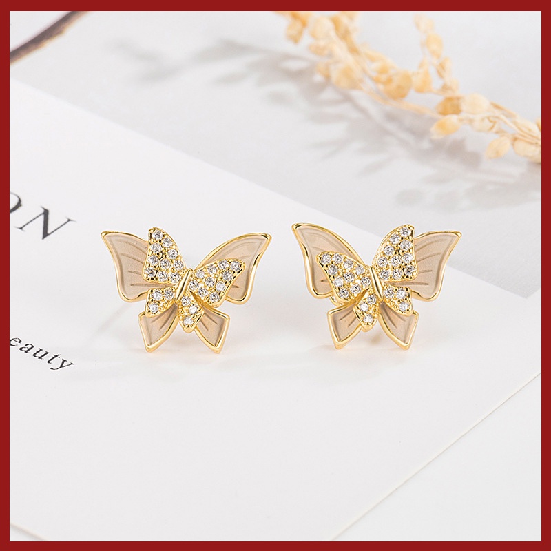 Anting Tusuk Lapis Emas 18K Desain Kupu-Kupu Hias Zircon Untuk Wanita U1046