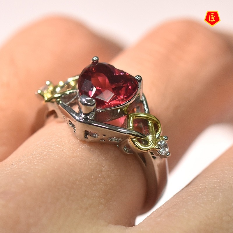 [Ready Stock]Fashion Elegant Rose Red Heart-Shaped Diamond Ring