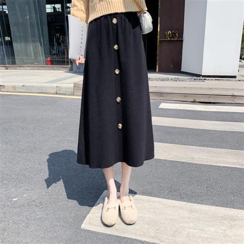 Rok Rajut Korean Style Pencil Skirt Rok Kantor Rok Panjang/Putih Rok Panjang Payung-（buttons）HITAM