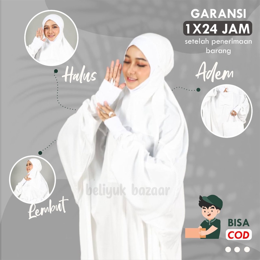 Mukena Mukenah Premium Terusan Malaysia Manset Rayon Jumbo Dewasa Travel Adem Dingin Halus Lembut Putih