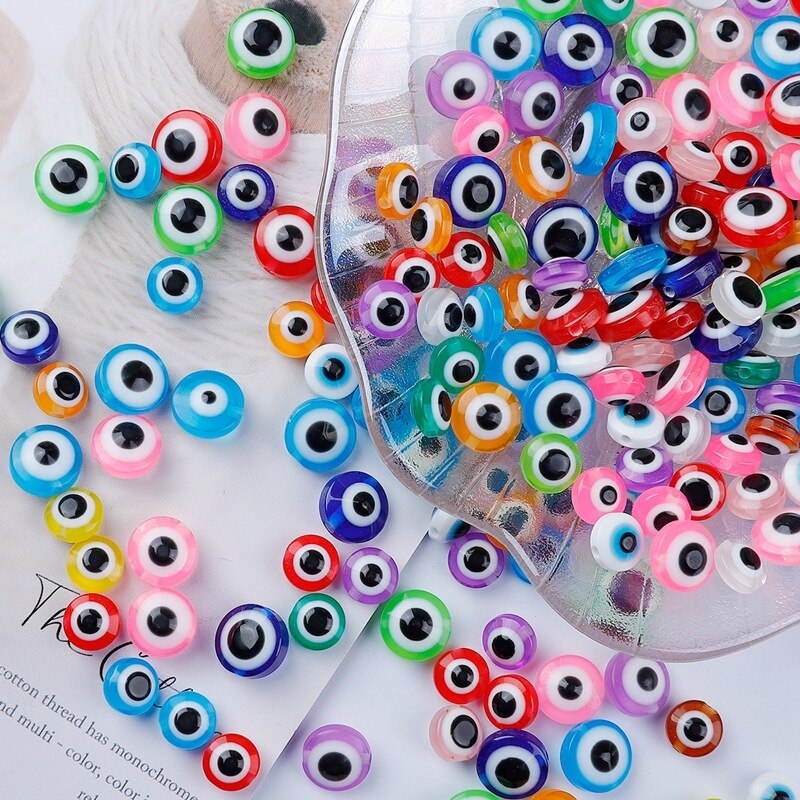 50 Pcs Manik-Manik Bentuk Oval Motif Evil Eye Bahan Resin Ukuran 8mm 10mm Untuk Membuat Perhiasan