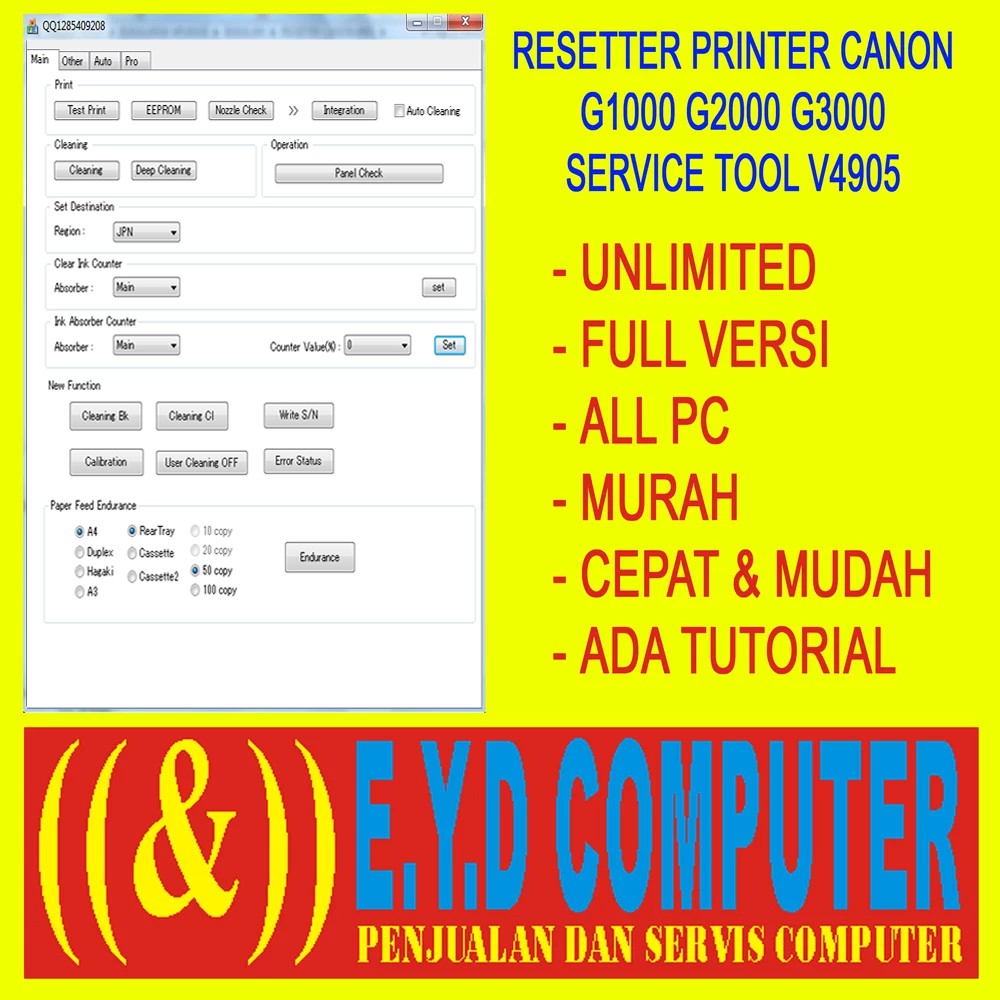 RESSETER CANON G1000 G2000 G3000 v4905 ALL PC UNLIMITED BANYAK PC FULL VERSI RESETTER RESET RESETER