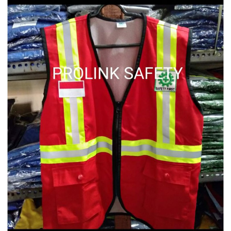 ROMPI SAFETY MERAH HSE BAHAN KAIN DRILL SCOTLIGHT HIJAU 5CM FREE LOGO K3 BENDERA