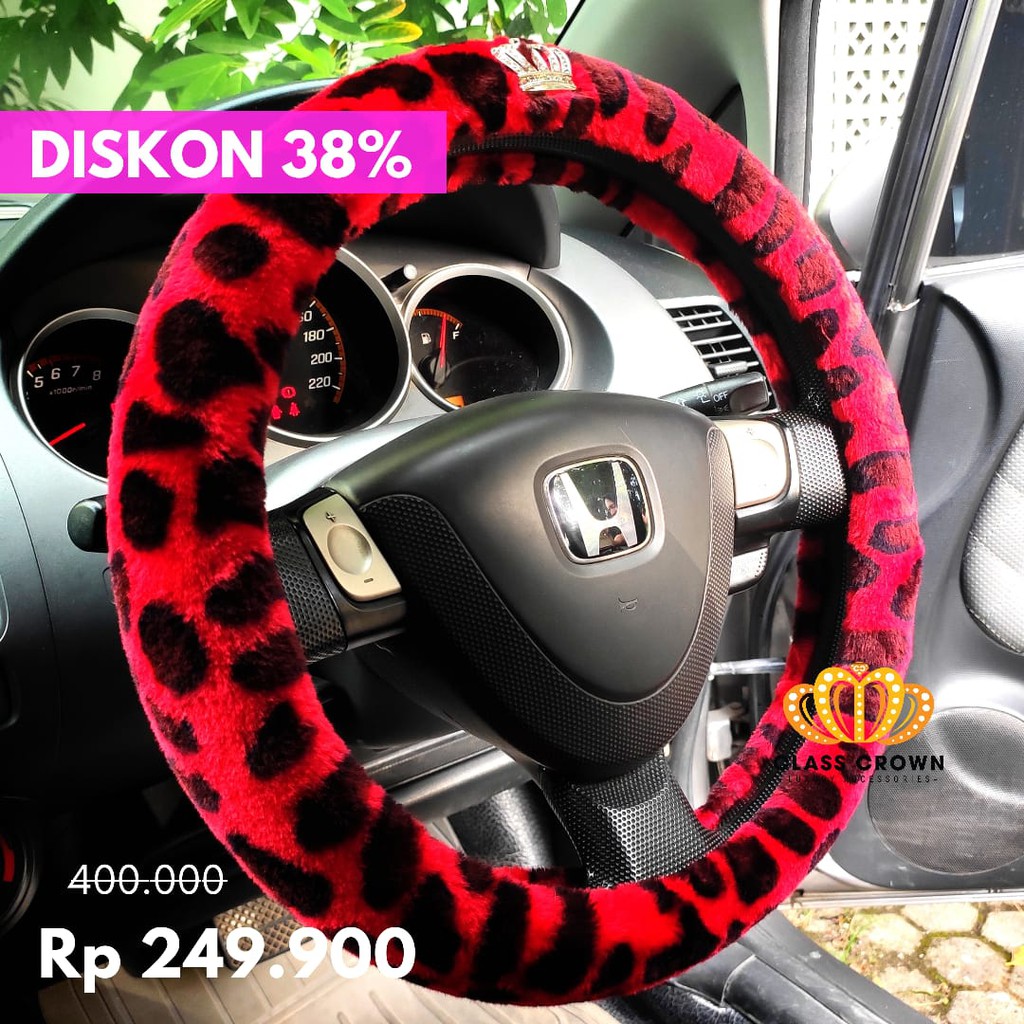 Cover Sarung Setir stir mobil CC Bludru Leopard Merah