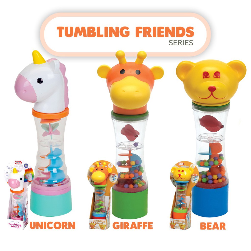 Funtime Tumbling Friends Unicorn Bear Giraffe Rainshaker Rainstick mainan anak