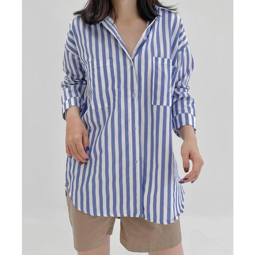 Tq88indonesia Fashion Kemeja Wanita Terbaru / Kem  SADIE OVERSIZE XXL POCKET SHIRT / Kemeja Salur Kekinian / Ootd / Kemeja cewek / Kemeja Santai Wanita