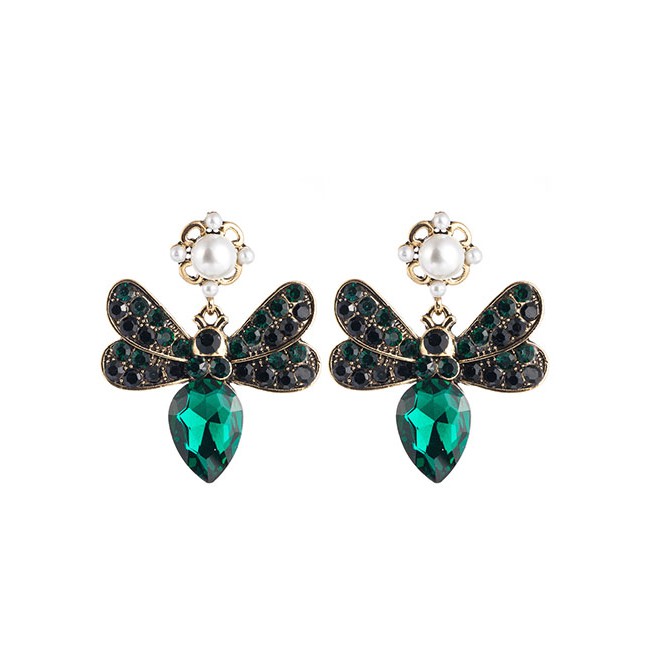 LRC Anting Tusuk Fashion Butterfly Alloy Multi-layer Rhinestone Pearl Earrings D94355