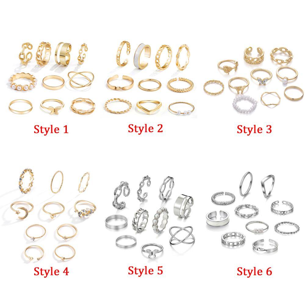 Lily 10PCS set Cincin Hadiah Pesta Desain Fashion Hollow Gold/Silver Geometric Finger Knuckle