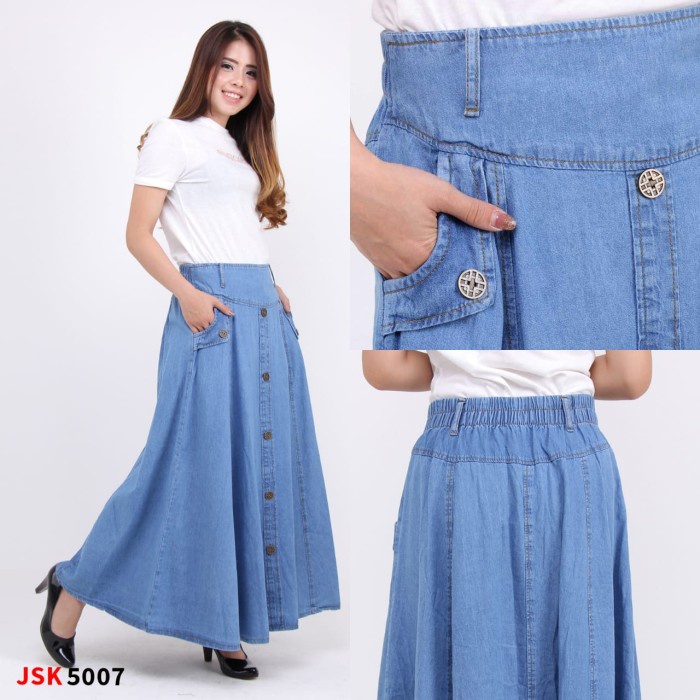 NEW Rok Jeans Panjang Wanita JSK 5 Varian Warna - Biru Muda, All Size AO95