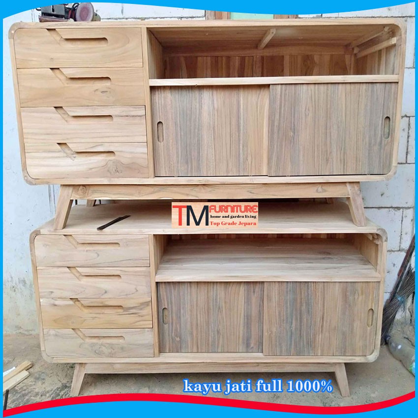 Bufet Meja Tv Pendek Minimalis Retro Kayu Jati TOP Mentahan Furniture Jepara