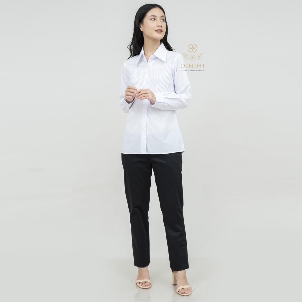 Dibihi Kemeja Putih Wanita Formal Bahan Katun Streth Motif Rempel Panjang