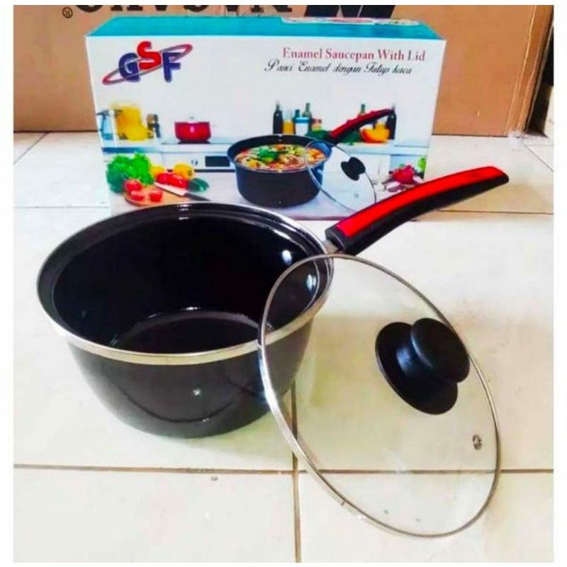 (COD) panci susu enamel tutup kaca 18cm GSF / Panci susu gagang tutup kaca 18cm / panci rebus serbag