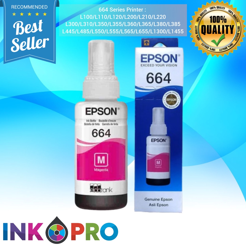 Tinta Epson 664 PREMIUM Untuk Printer L100,L110,L111,L120,L130,L132,L200,L210,L211,L220,L222,L300,L301,L310,L350,L351,L353,L355,L356,L358,L360,L362,L365,L366,L375,L455,L456,L475,L550,L551,L555,L556,L558,L565,L575,L566,L655,L800,L805,L810,L850,L1300,L1800