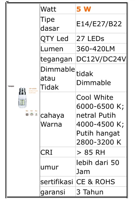 Lampu  Jagung Bulb 12V 24V 5W E27 350LM 27 LED 5731SMD Hemat Energi Led Candle Spotlight