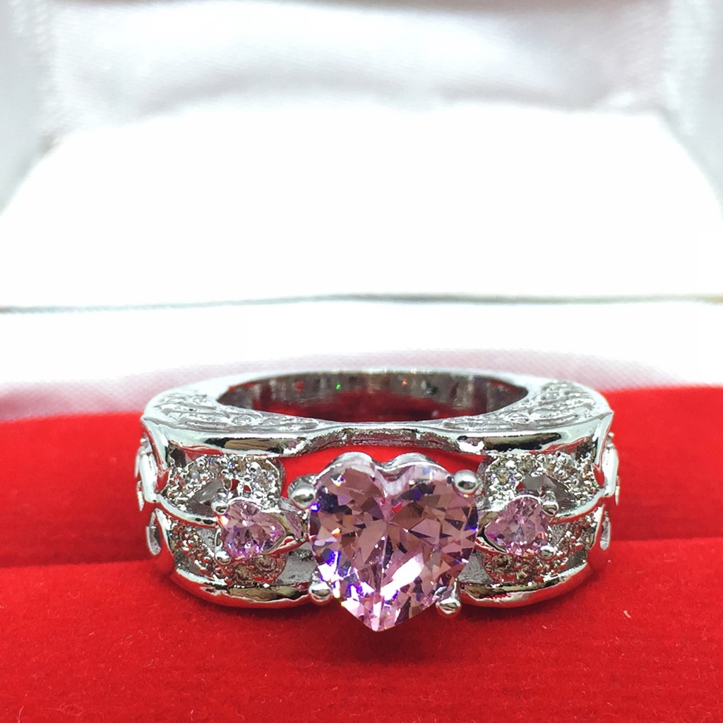 Cincin Lapis Emas Putih Batu Pink Rangka Tebal Bentuk Love - BR212P