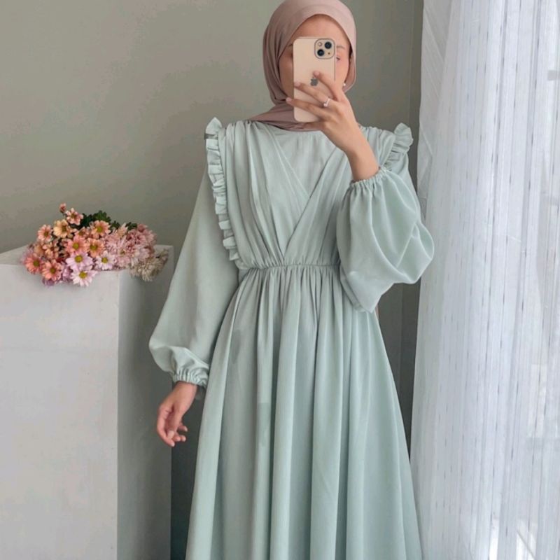 Midi Dress Korea Crinkle Airflow Terbaru Ld 130cm Panjang 110cm Wanita Kekinian Terbaru Terlaris Ter