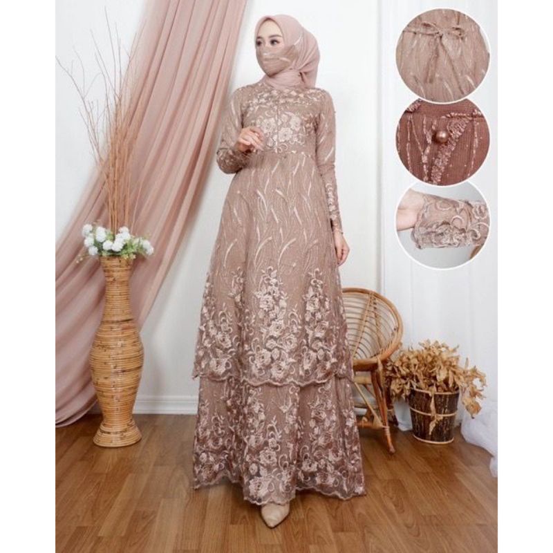 (NEW) DAVINA Full Brukat BUSUI Dress FREE Masker - Baju Gamis Full Brukat Brokat Remaja Wanita Perem