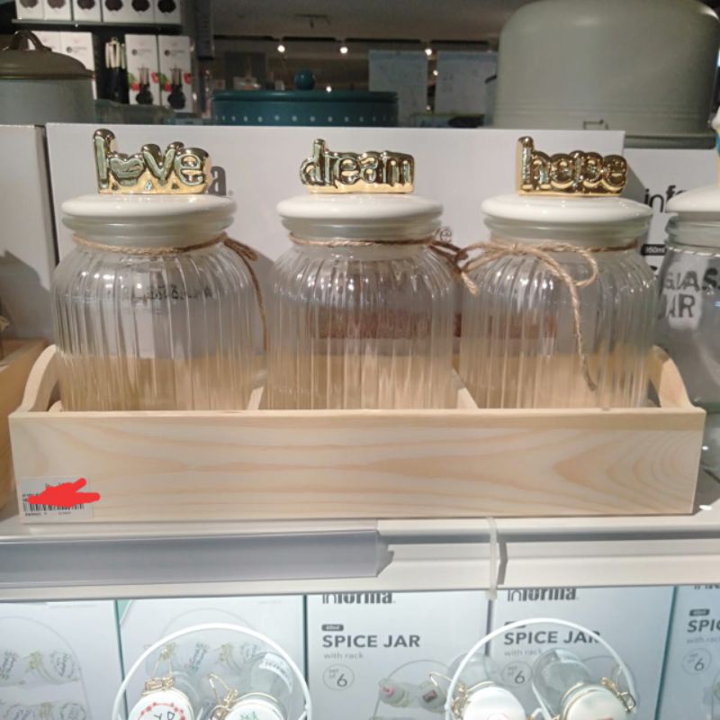 Stoples Kaca 1 Ltr Set 3 Pcs Dream Dengan Rak - Gold / Toples Lebaran  / Toples Murah / Toples Kue