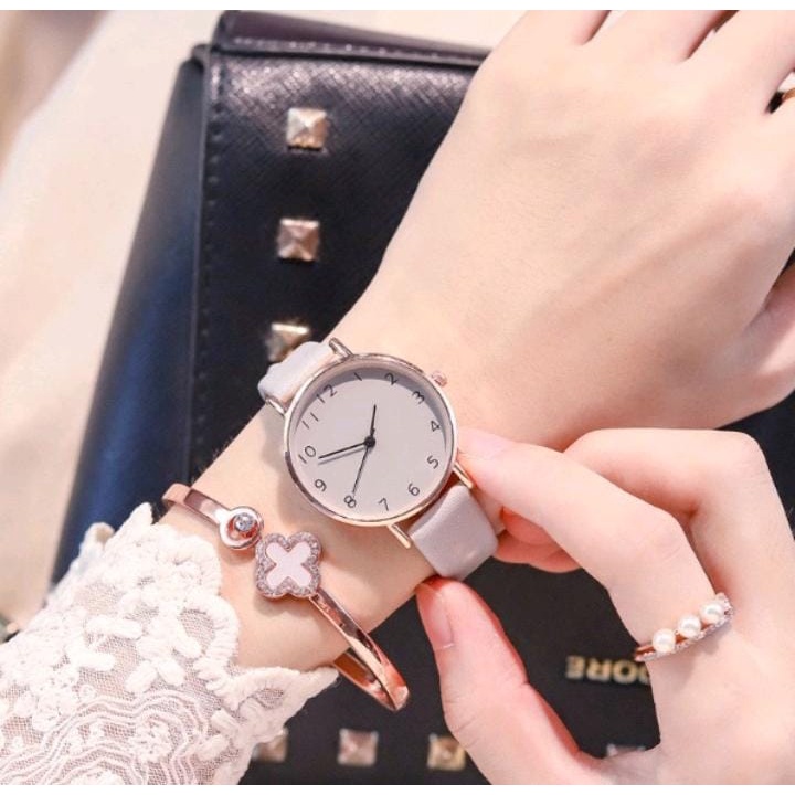 Jam Tangan Gaya Korea Strap PU Leather Polos (002PU)