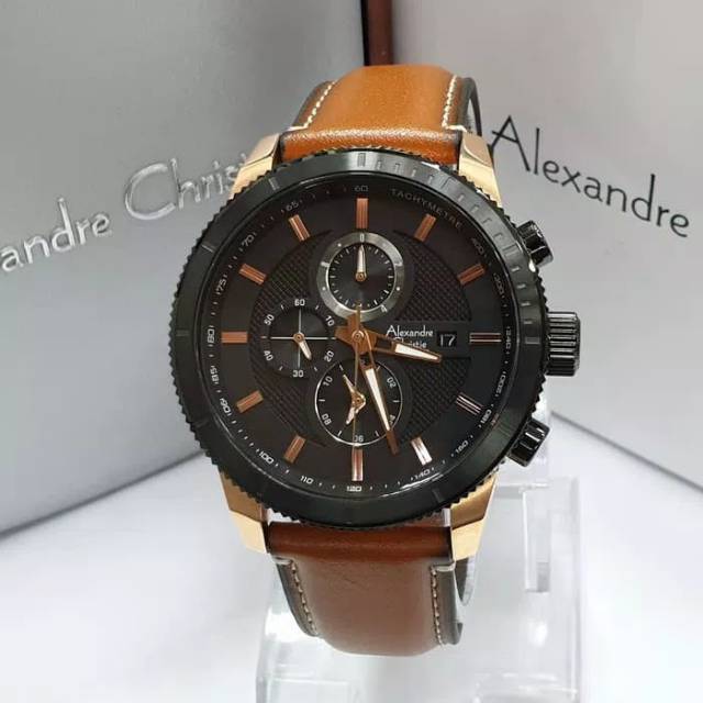 JAM TANGAN PRIA ALEXANDRE CHRISTIE AC 6501 BLACK ROSEGOLD LEATHER BROWN
