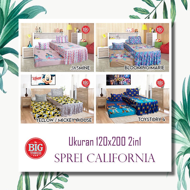 Sprei CALIFORNIA 2in1 DUO SORONG 120x200 motif Yellow Mickey Polka Metrico Mosaic Loop Ziggy Houndstooth Kaz Lexxa Orly Jasmine Blooming Marie Tropical Leaf Cat 120 SP DUO