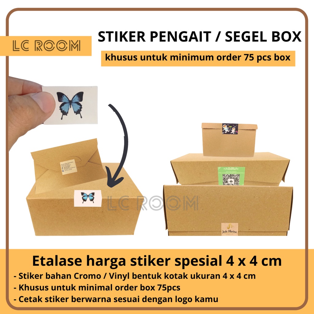 

CETAK STIKER STICKER LABEL KEMASAN BERWARNA SEGEL BOX DUS KOTAK MAKANAN HAMPERS GIFT BENTUK KOTAK / LINGKARAN