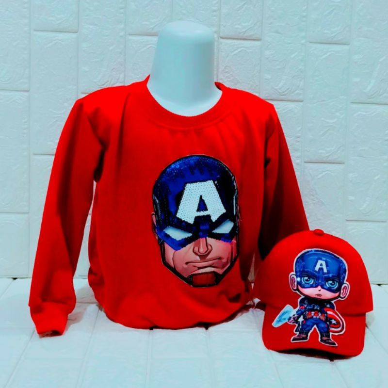 PAKET HEMAT 2 IN 1 JAKET CREWNECK ANAK USIA 1-10 TAHUN DAN TOPI LED MOTIF CAPTAIN AMERICA