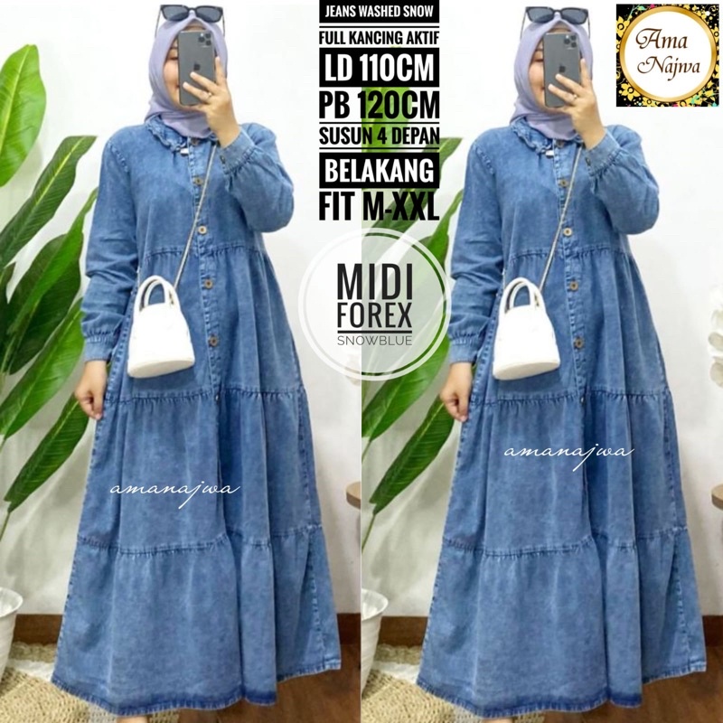 MIDI DRESS JEANS WASH FULL KANCING AKTIF LD 110CM PJ 120CM FIT M-XXL