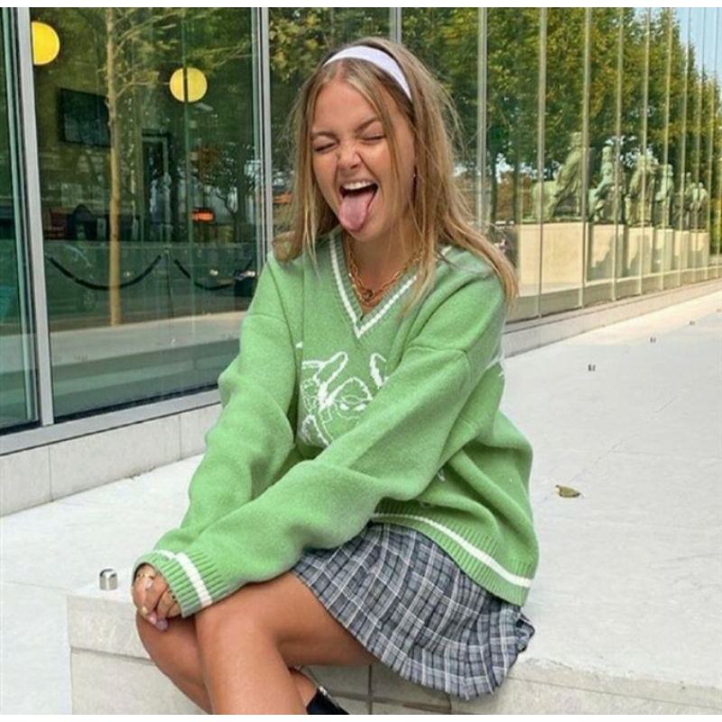 Bianca Vintage Skull Sweater Fashion Longgar V-Neck Lengan Panjang Untuk Wanita y2k skull sweater