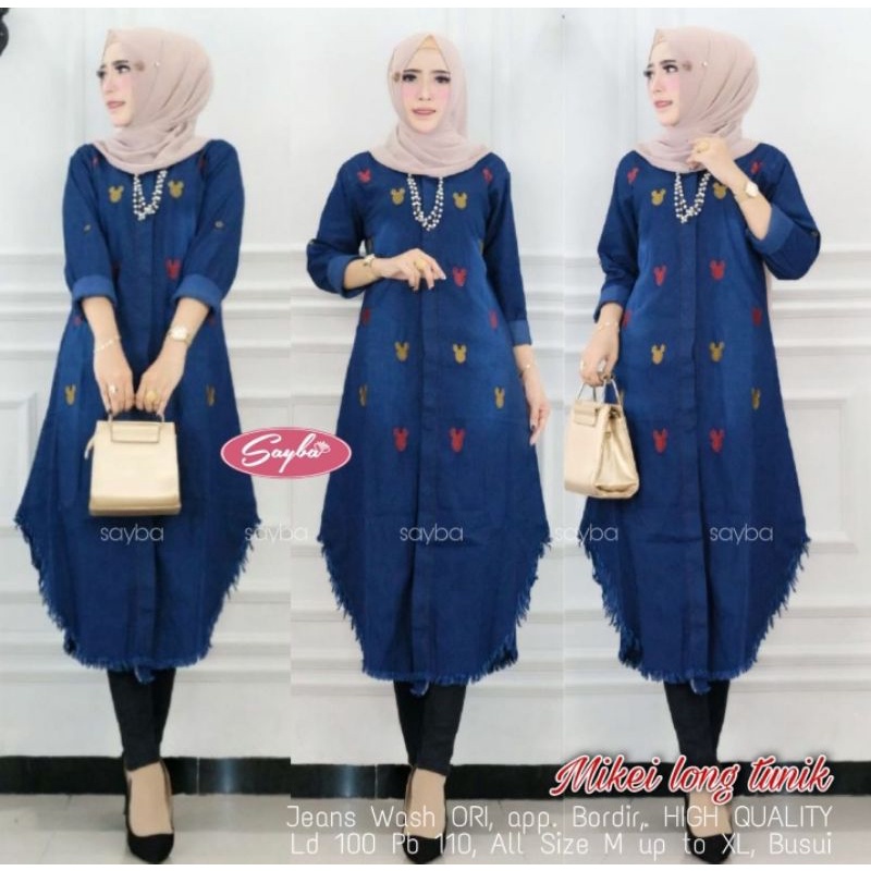 Mikei Long Tunik | Jeans Wash ORI app bordir asli HQ | Ld 100 Pb 110 | all size M-XL Busui