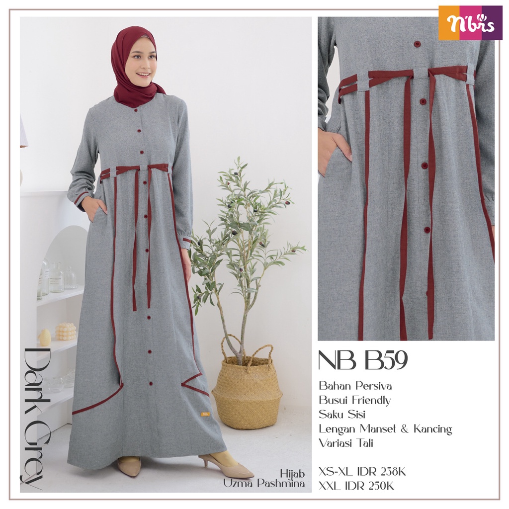 Gamis Nibras NB B59 Bahan Pessiva Dress Musmulim Simple Warna Soft Daily OOTD