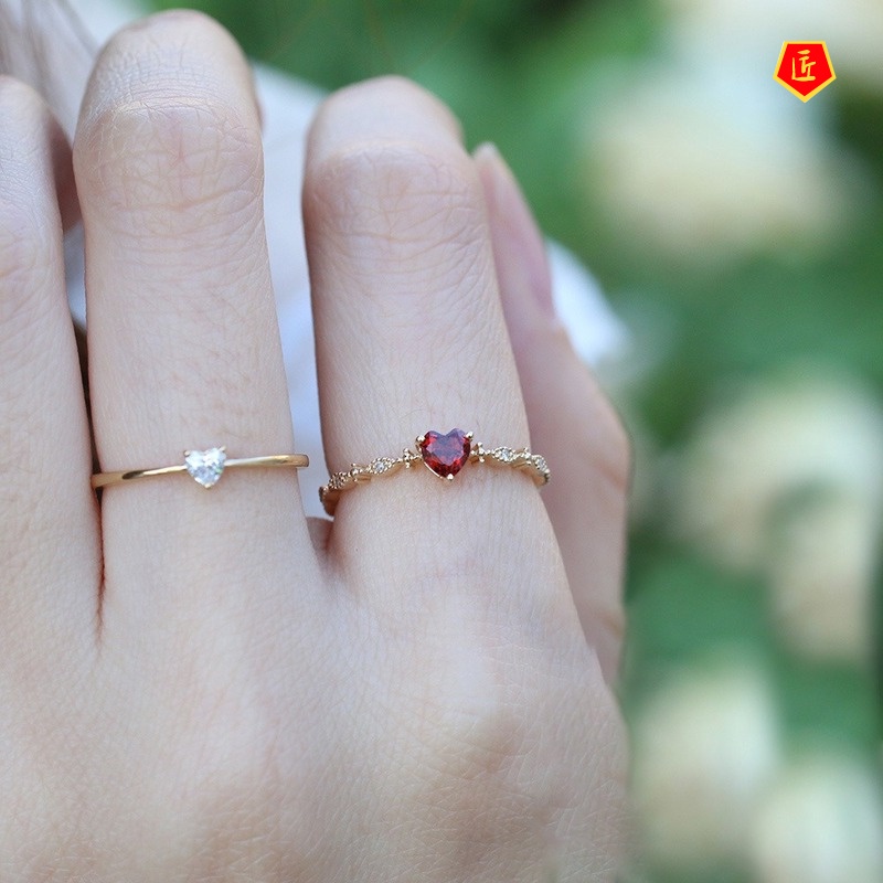 [Ready Stock]Women's Fashion Heart-Shaped Ruby Ring 14K Gold