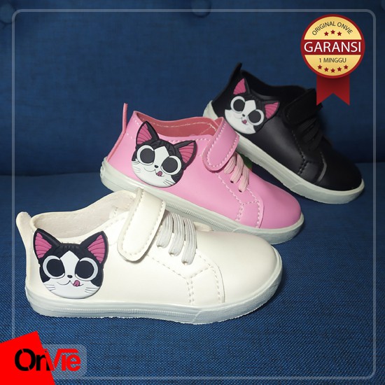 Sepatu Sneaker Anak Perempuan Hitam Putih Motif Meow Karet 3D | Sepatu Kids Wanita Onvie