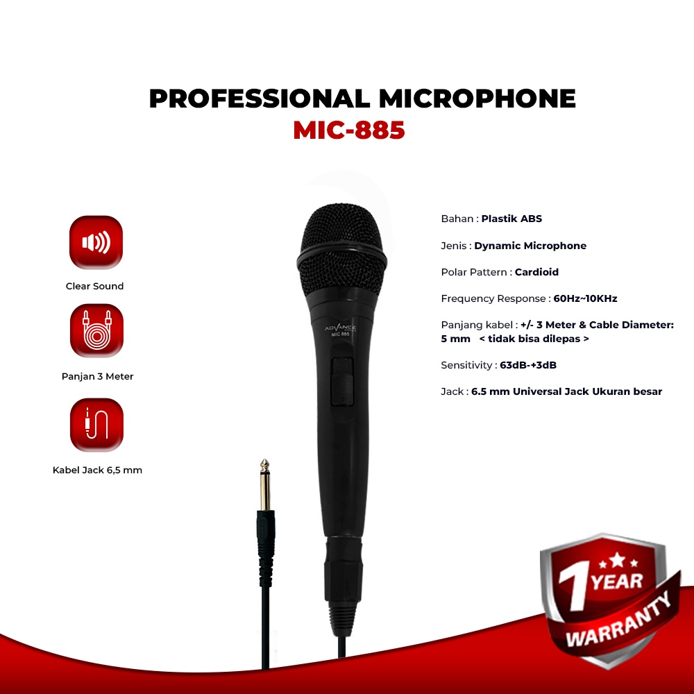 Advance Digitals MIC-885 Single Profesional Dynamic Microphone Speaker Mic Kabel Microphone Premium Jack Besar 6.5MM I Garansi Resmi 1 Tahun