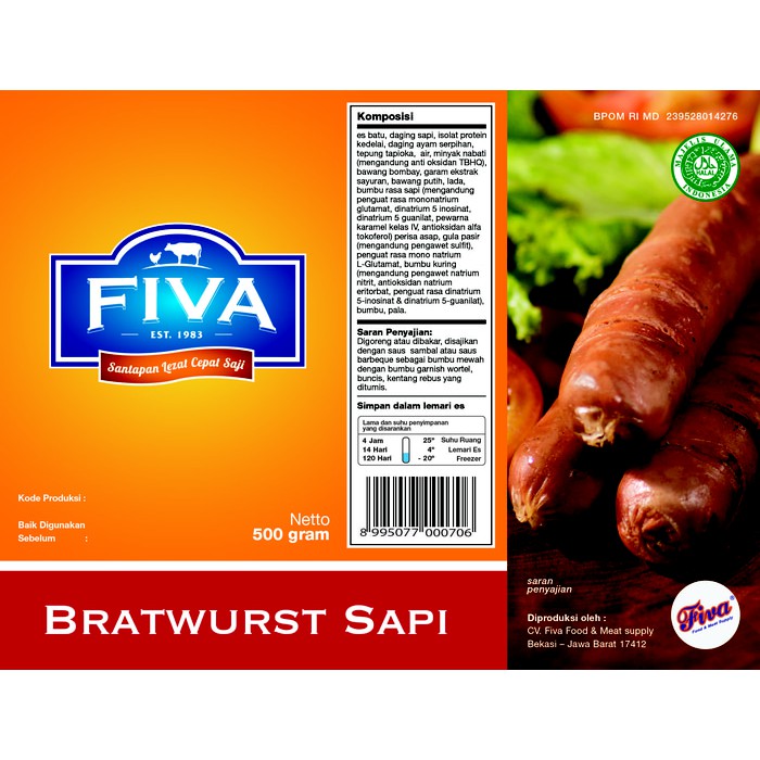 

Fiva Sosis Bratwurst Sapi Beef Bratwurst Sausage Netto 500 Gram