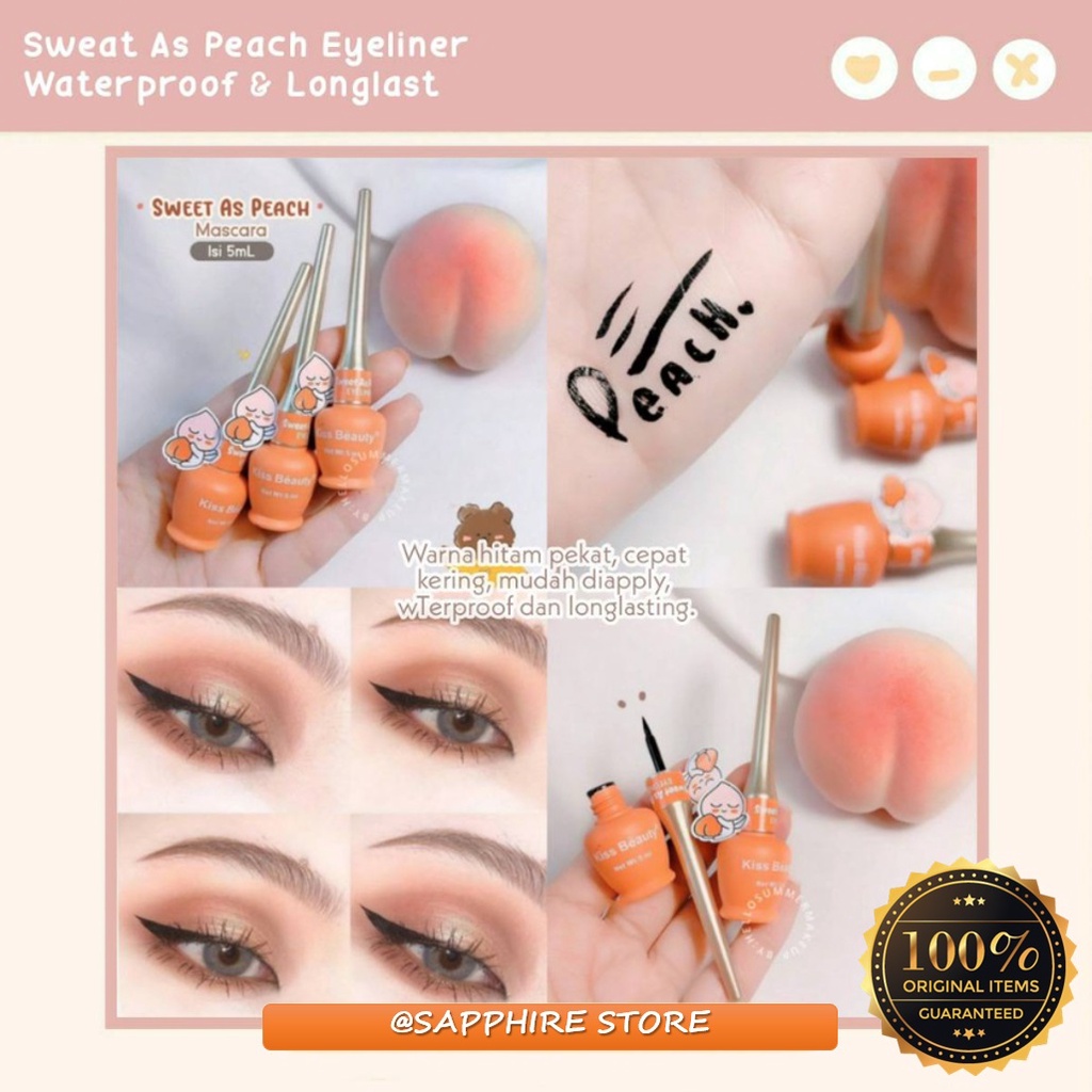 Eyeliner Waterproof Kiss Beauty Peach ORIGINAL 100% THAILAND / Eyeliner Anti Air dan Tahan Lama Bentuk Eyeliner Pencil Tahan Air / Eyeliner Kuas Lembut Kiss Beauty TERLARIS Pelengkap Mascara Waterproof Kosmetik Wanita Make Up Eyeliner Spidol