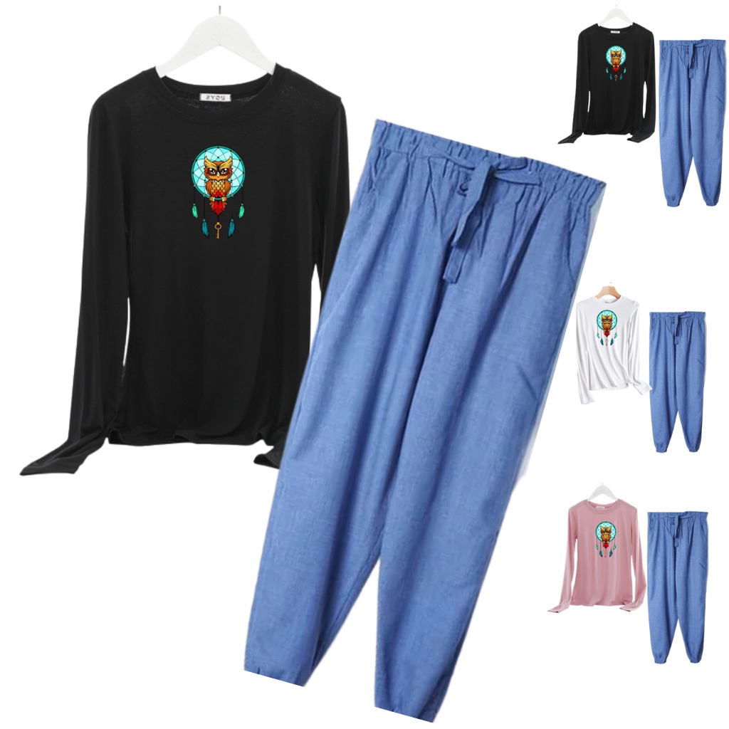 JBF Baju 1 Set Stelan Wanita Remeja Atasan Wanita Lengan Panjang Owl Dan Celana Jogger Supernova