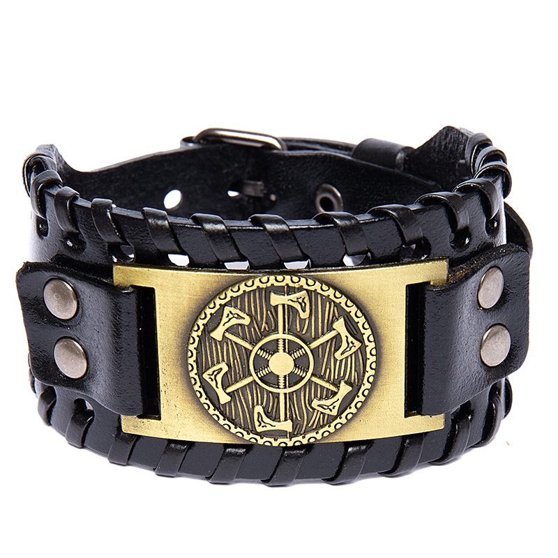 [Z H Perhiasan] Hip Hop Rock Retro Pria Fashion Stainless Steel Viking Beruntung Kompas Rune Gelang Kulit Pesta Perhiasan Aksesoris