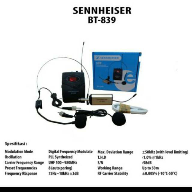 Mic wireless sennheiser e839/ e 839 ( clip on+headset )receiver charger