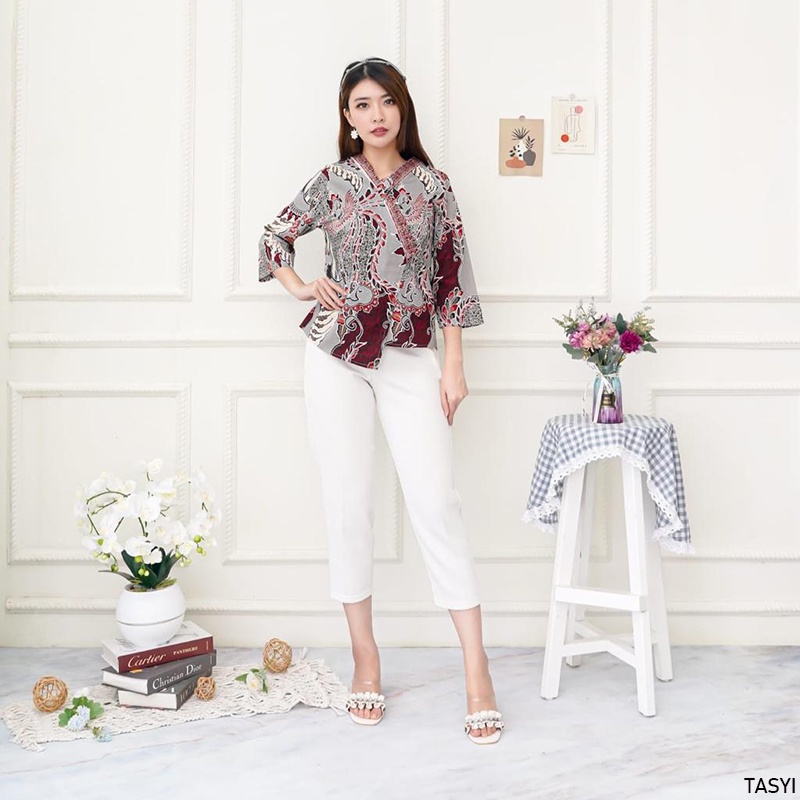 Evercloth Tasyi Atasan Batik Lengan Panjang Wanita Model Kimono Blouse Batik Perempuan Baju Batik Cewek Katun Stretch Premium Batik Couple Family Set Abu Grey Silver